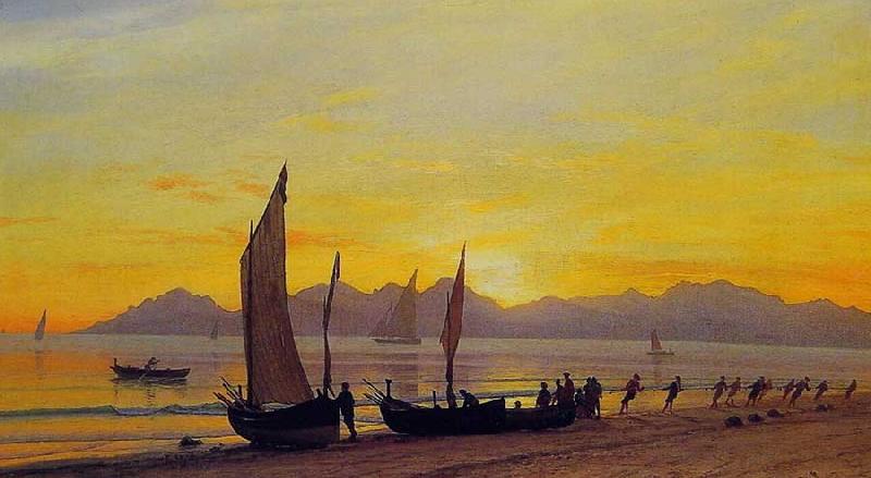 Albert Bierstadt Boats Ashore at Sunset oil painting picture